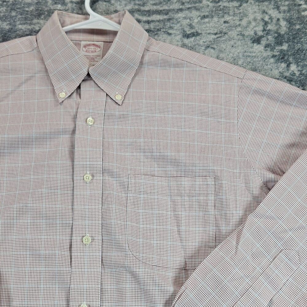 Brooks Brothers Shirt Mens 15.5-33 Pink Check Non-Iron Long Sleeve Button Down